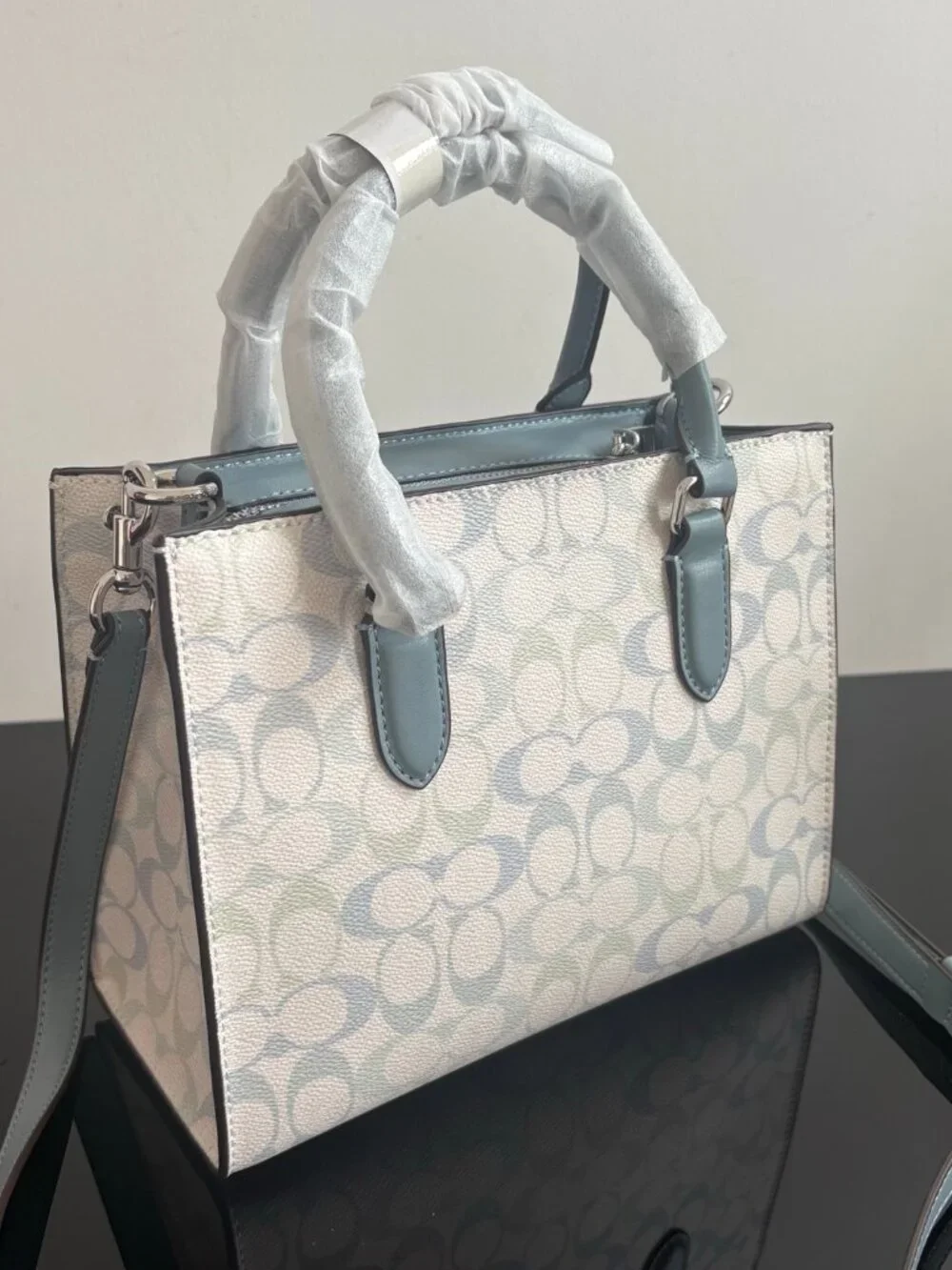 💧Coach White Pastel Logo Mini Tote Bag Light Blue Trim Crossbody